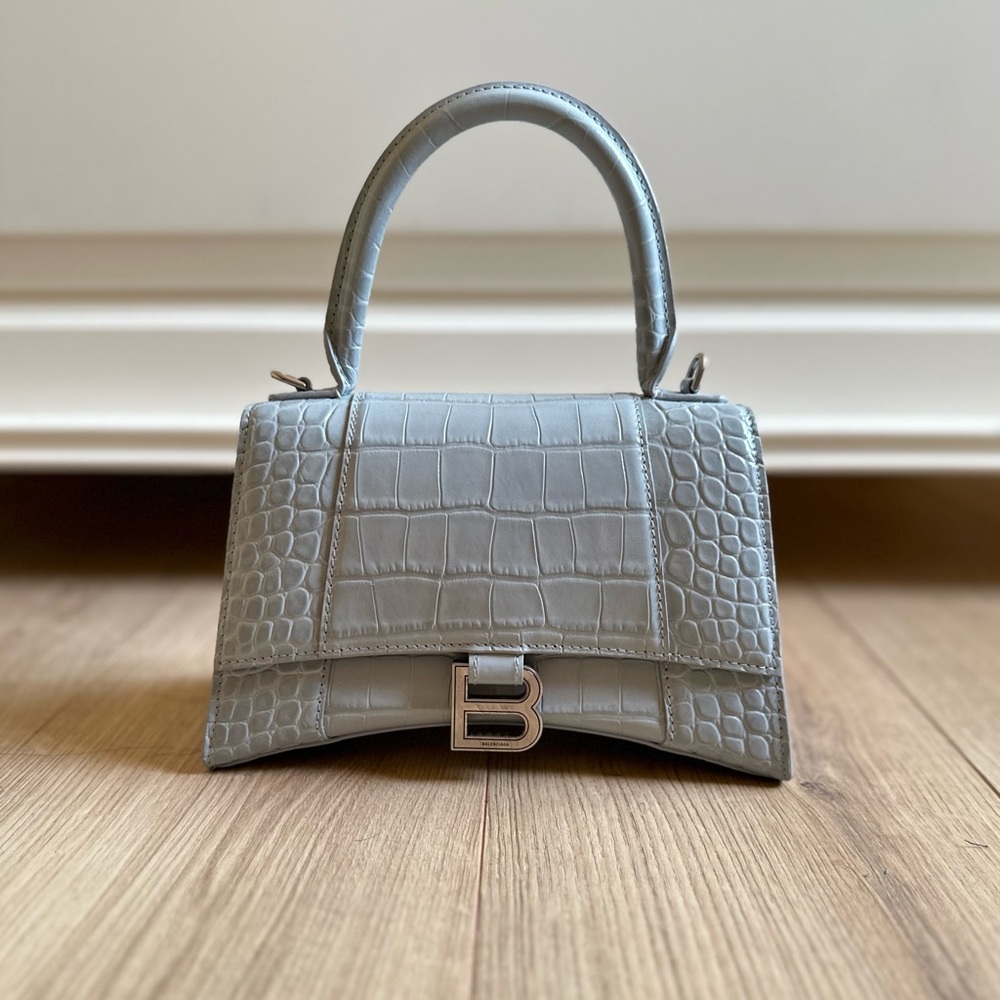 Balenciaga Hourglass Small Handbag Crocodile Embossed Light Blue NEW